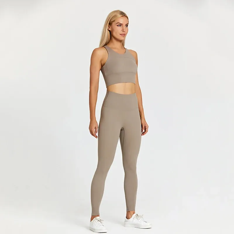 Women's Workout Outfit - 2 Piece Racerback Padded Crop Top Bra and High Waist Yoga Leggings