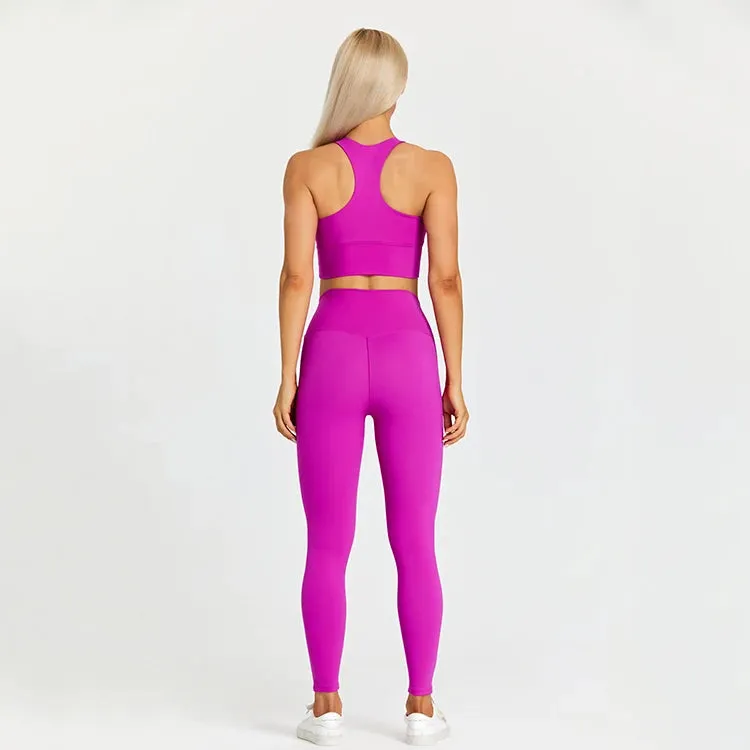 Women's Workout Outfit - 2 Piece Racerback Padded Crop Top Bra and High Waist Yoga Leggings
