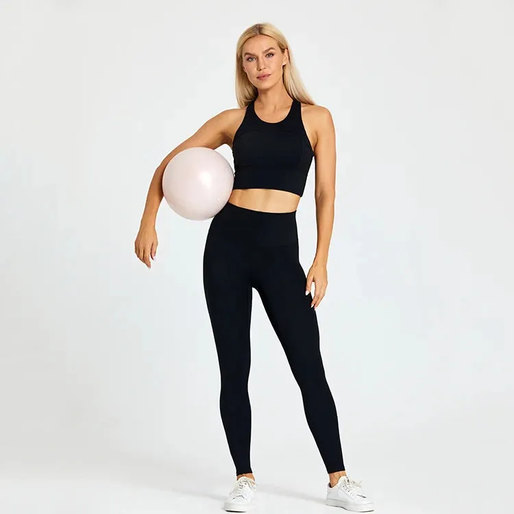 Women's Workout Outfit - 2 Piece Racerback Padded Crop Top Bra and High Waist Yoga Leggings