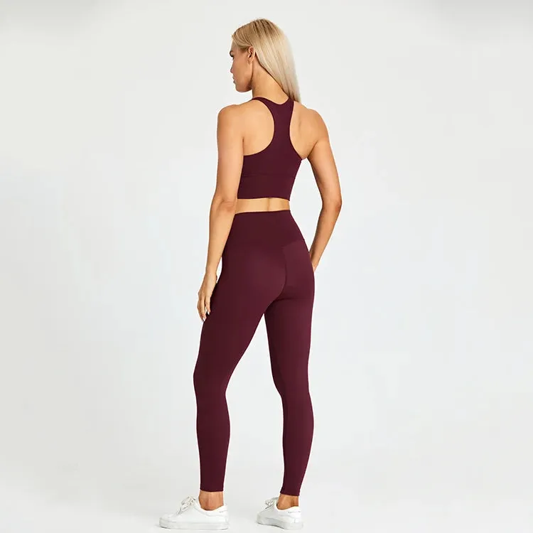 Women's Workout Outfit - 2 Piece Racerback Padded Crop Top Bra and High Waist Yoga Leggings