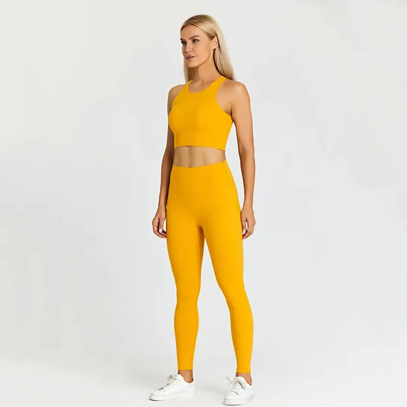 Women's Workout Outfit - 2 Piece Racerback Padded Crop Top Bra and High Waist Yoga Leggings