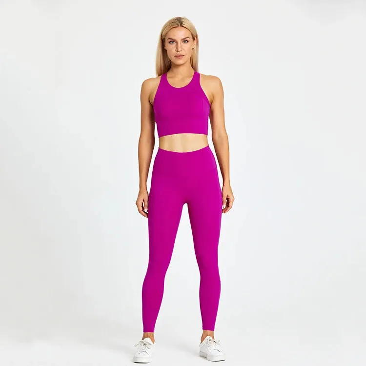 Women's Workout Outfit - 2 Piece Racerback Padded Crop Top Bra and High Waist Yoga Leggings