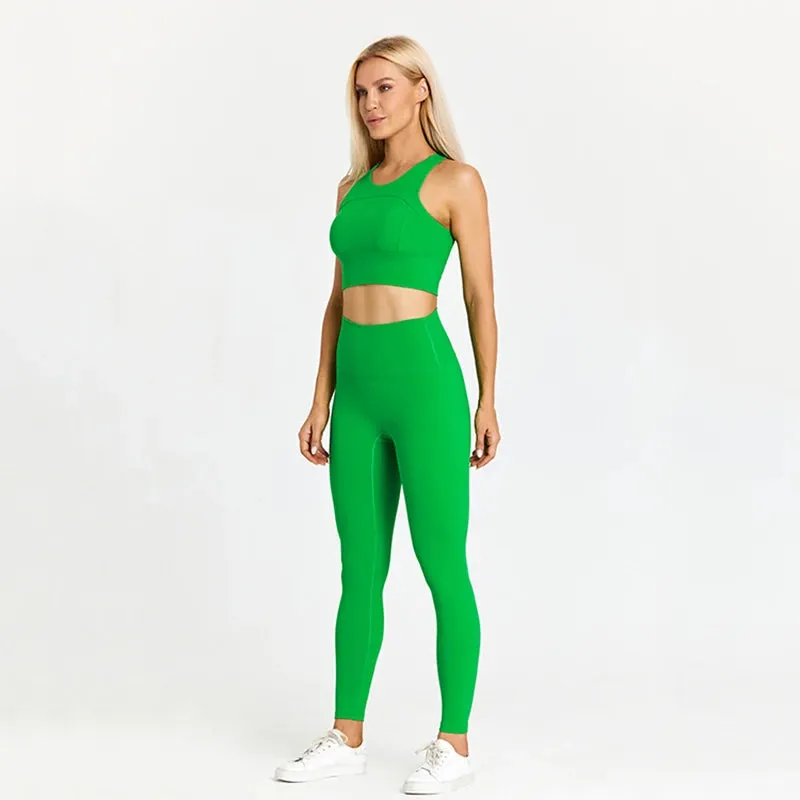 Women's Workout Outfit - 2 Piece Racerback Padded Crop Top Bra and High Waist Yoga Leggings