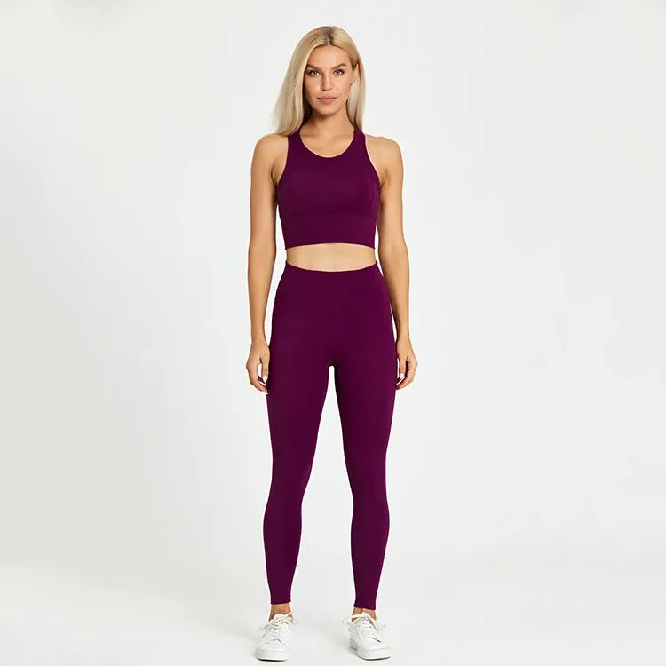 Women's Workout Outfit - 2 Piece Racerback Padded Crop Top Bra and High Waist Yoga Leggings