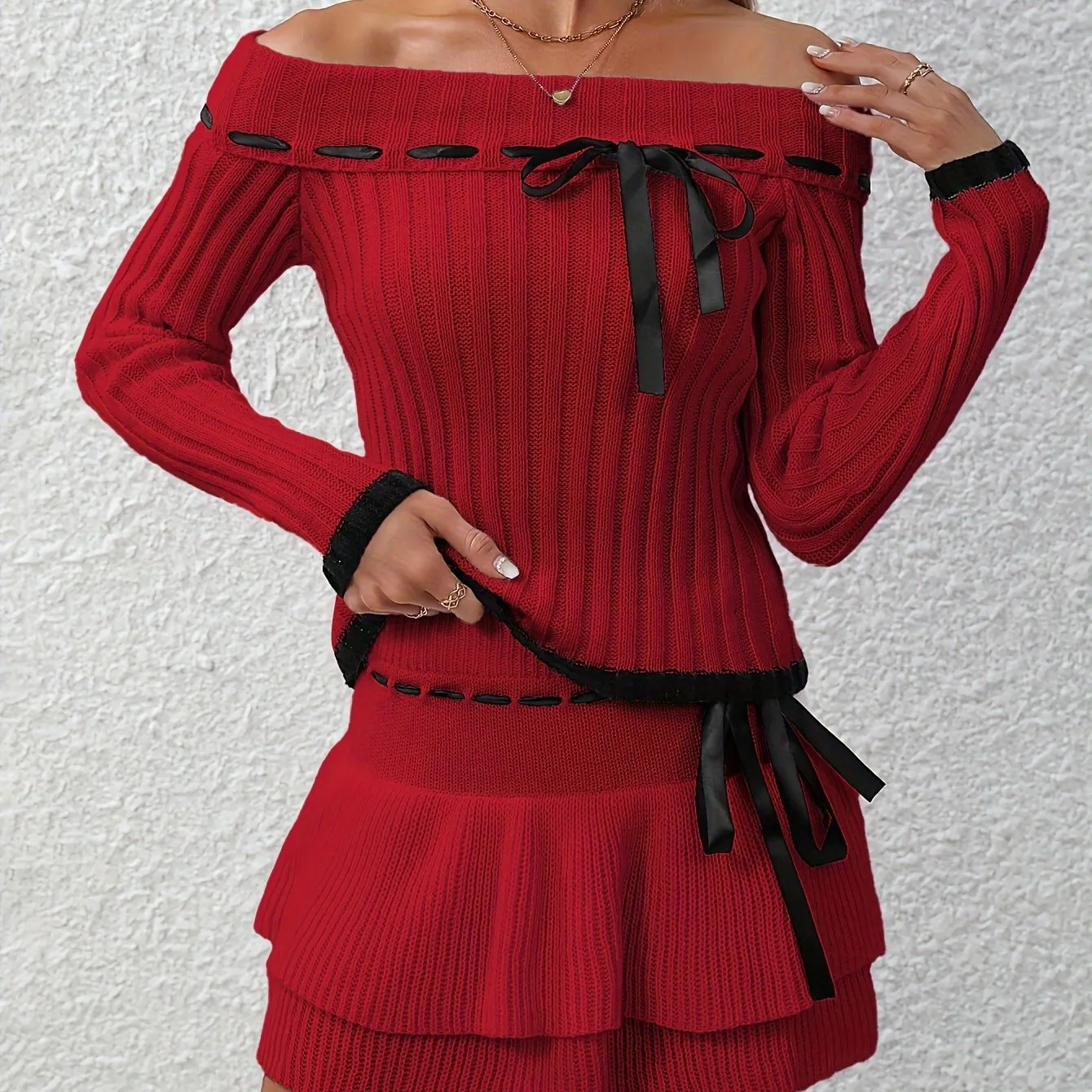 xieyinshe  Y2K Ribbed Two-piece Skirt Set, Long Sleeve Off Shoulder Pullovers & Bow Front Skirt Outfits, Women's Clothing