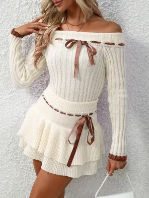 xieyinshe  Y2K Ribbed Two-piece Skirt Set, Long Sleeve Off Shoulder Pullovers & Bow Front Skirt Outfits, Women's Clothing