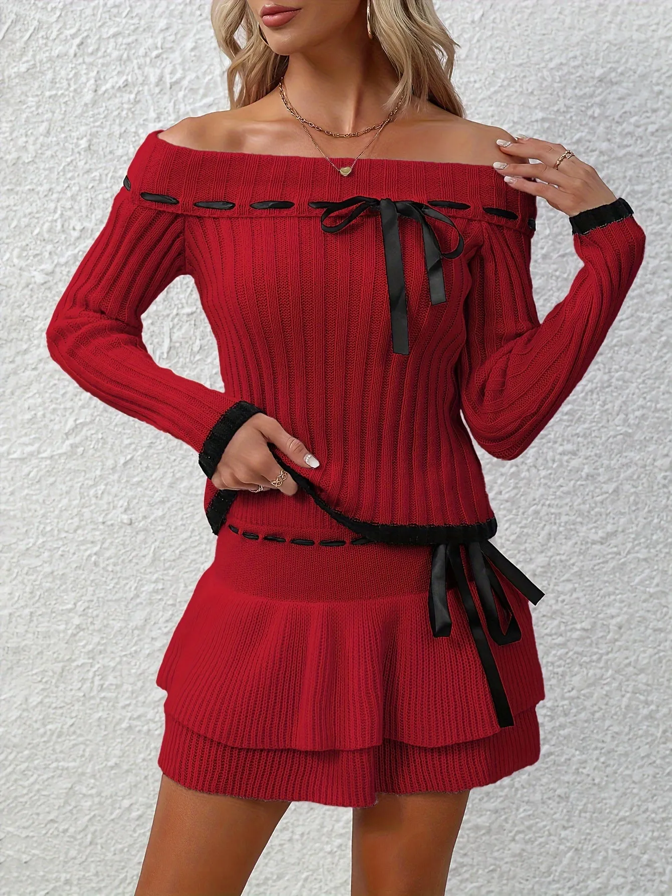 xieyinshe  Y2K Ribbed Two-piece Skirt Set, Long Sleeve Off Shoulder Pullovers & Bow Front Skirt Outfits, Women's Clothing