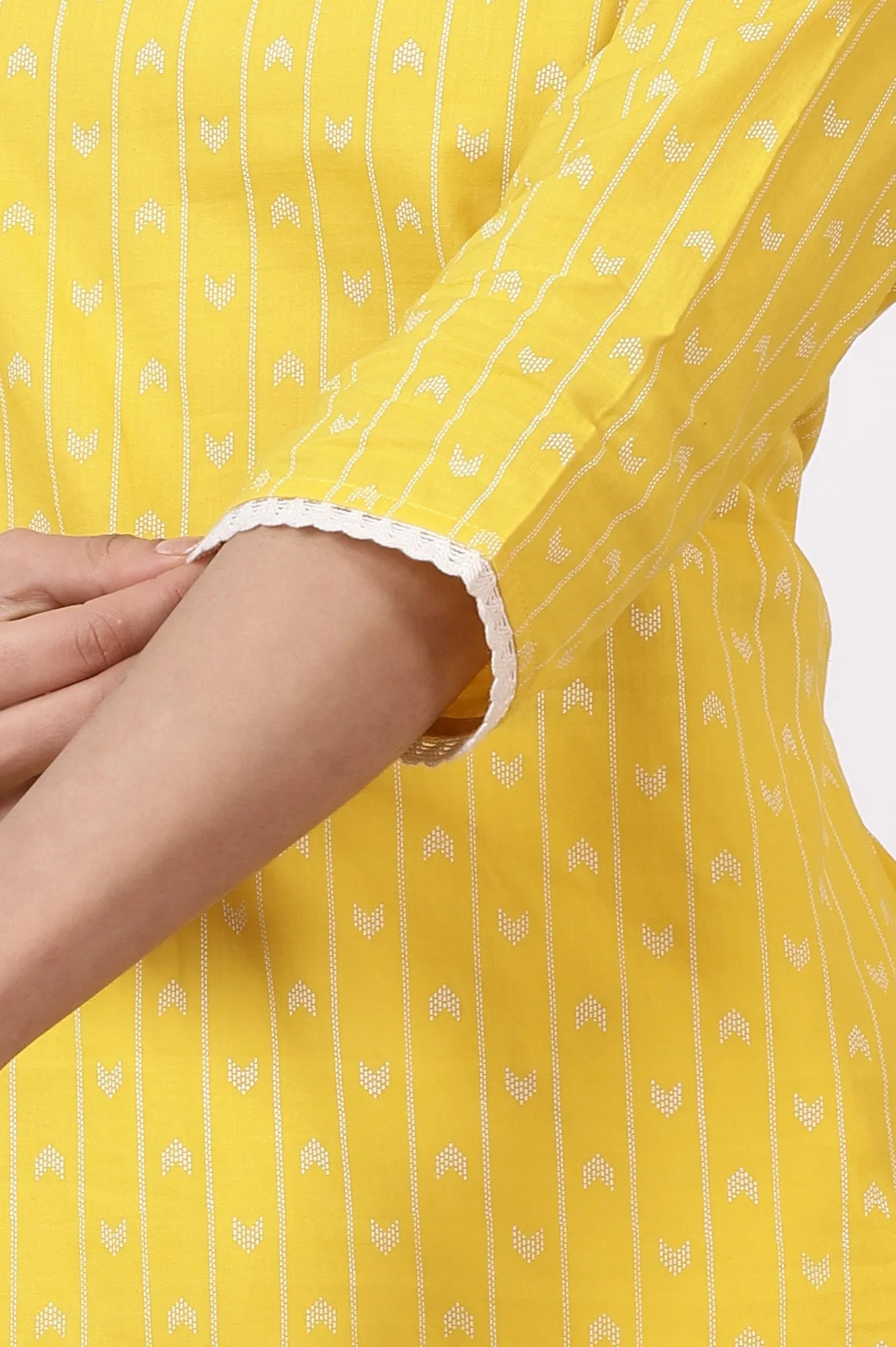 Yellow Geometric Printed Pure Cotton Straight Kurta, Leggings and Dupatta Set