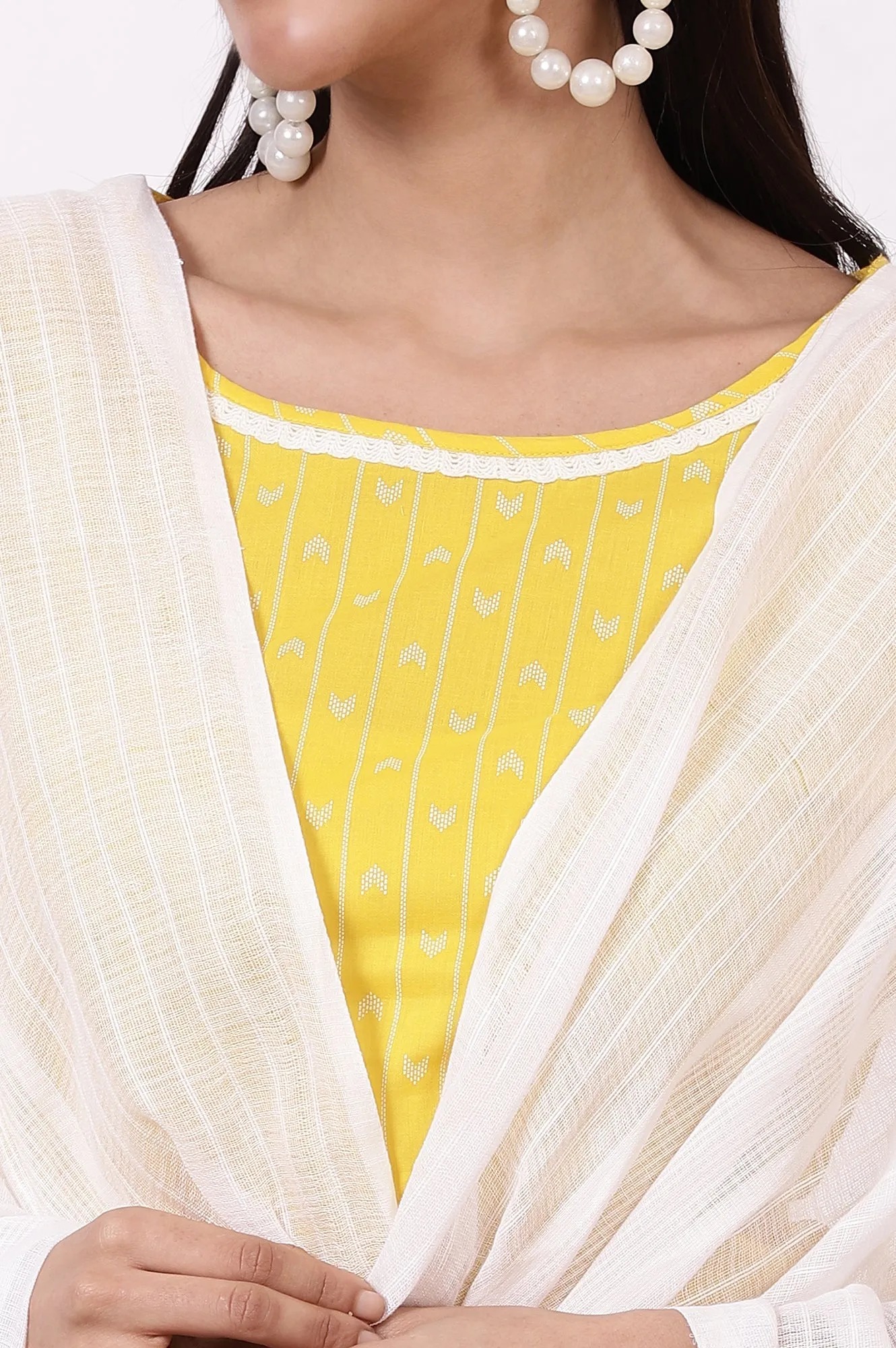 Yellow Geometric Printed Pure Cotton Straight Kurta, Leggings and Dupatta Set
