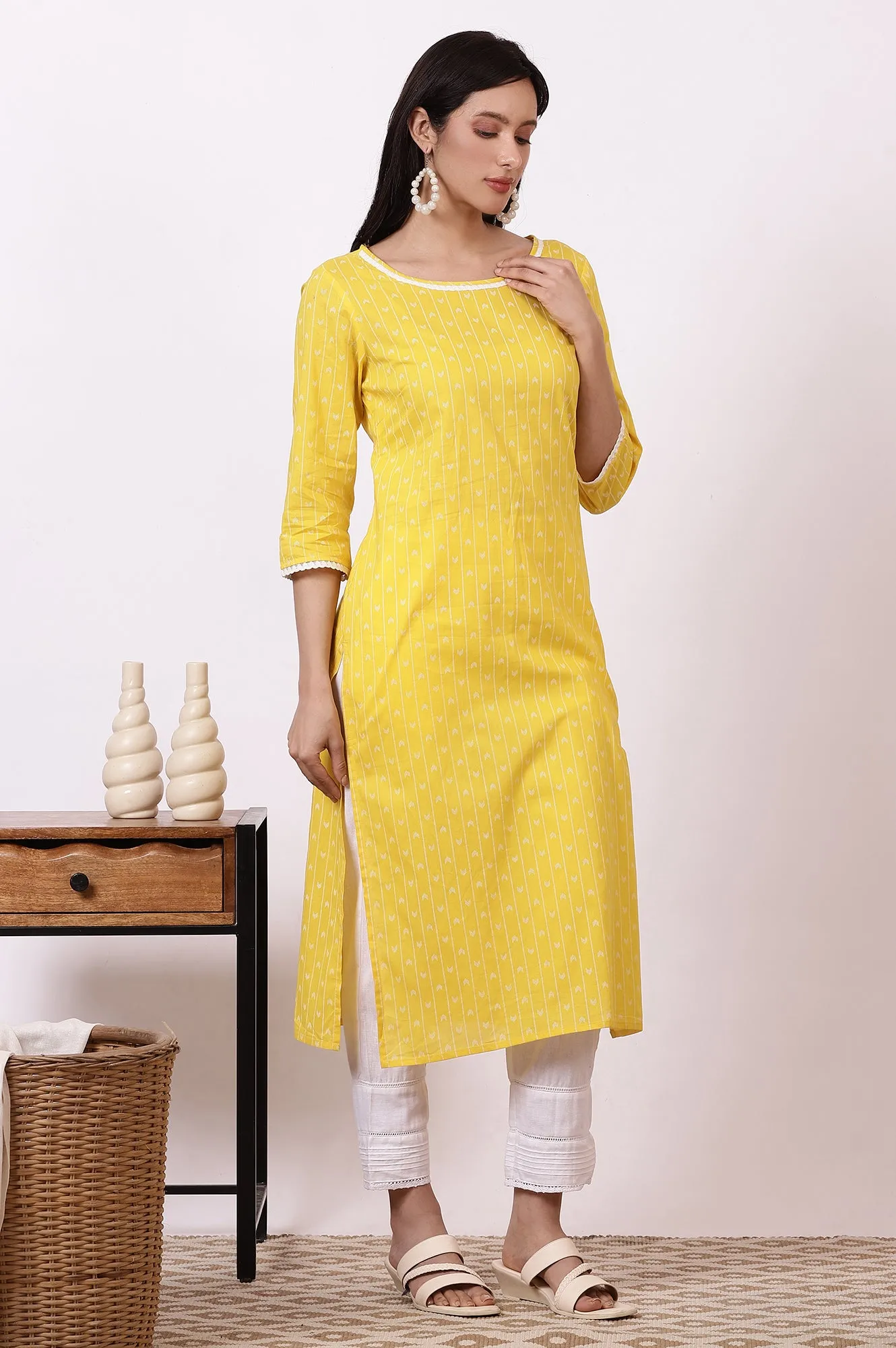 Yellow Geometric Printed Pure Cotton Straight Kurta, Leggings and Dupatta Set