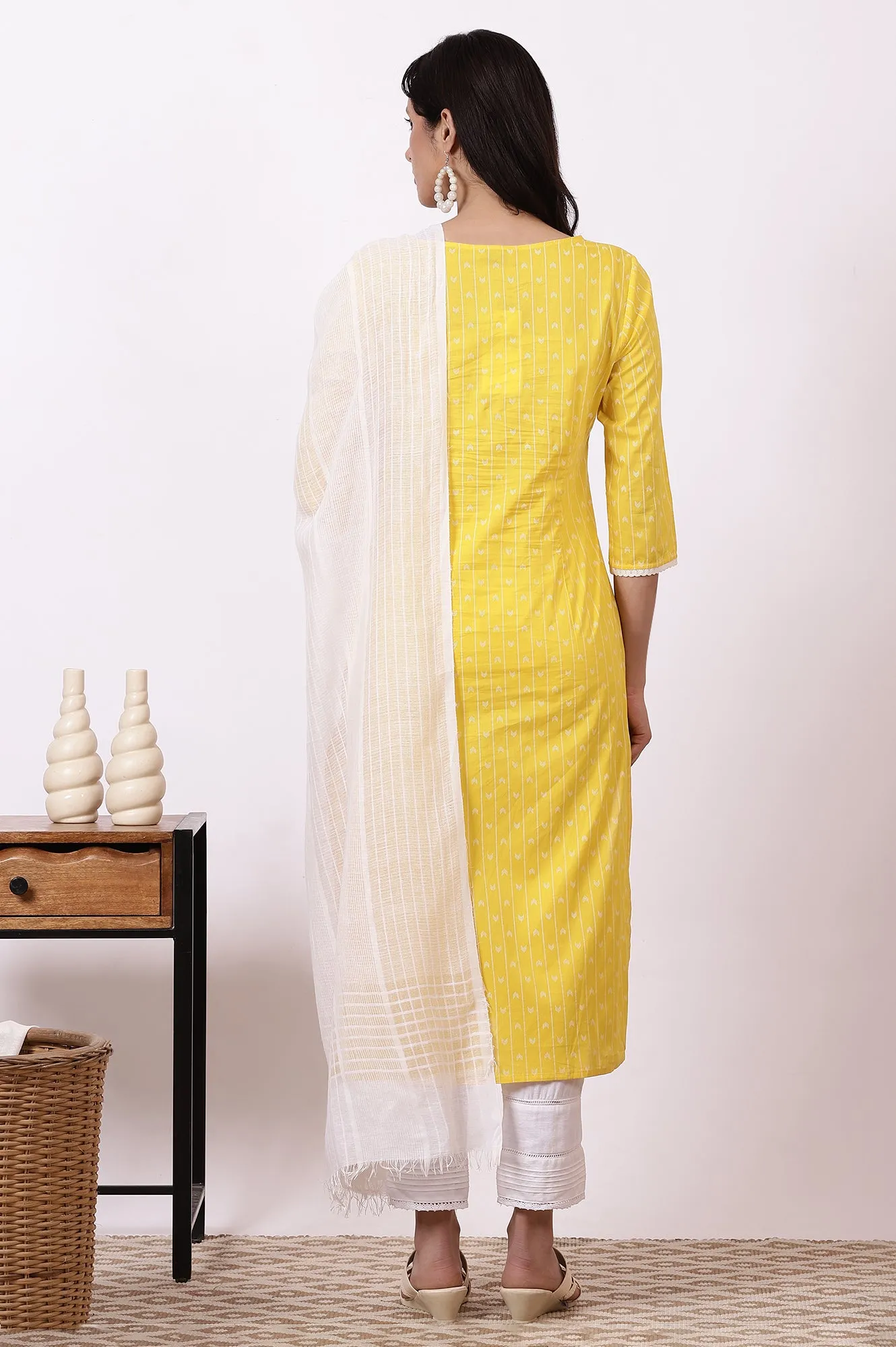 Yellow Geometric Printed Pure Cotton Straight Kurta, Leggings and Dupatta Set