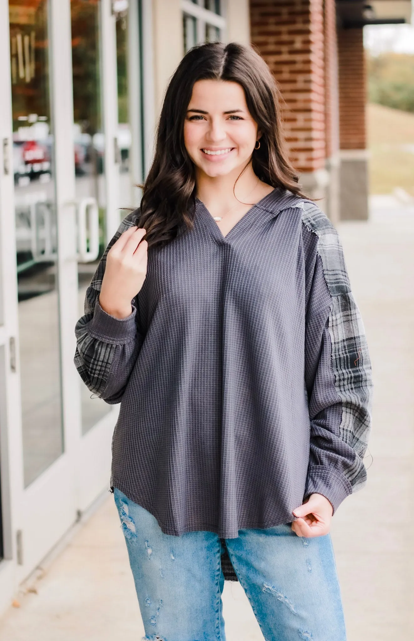 You Have My Heart Grey Plaid Hooded Top