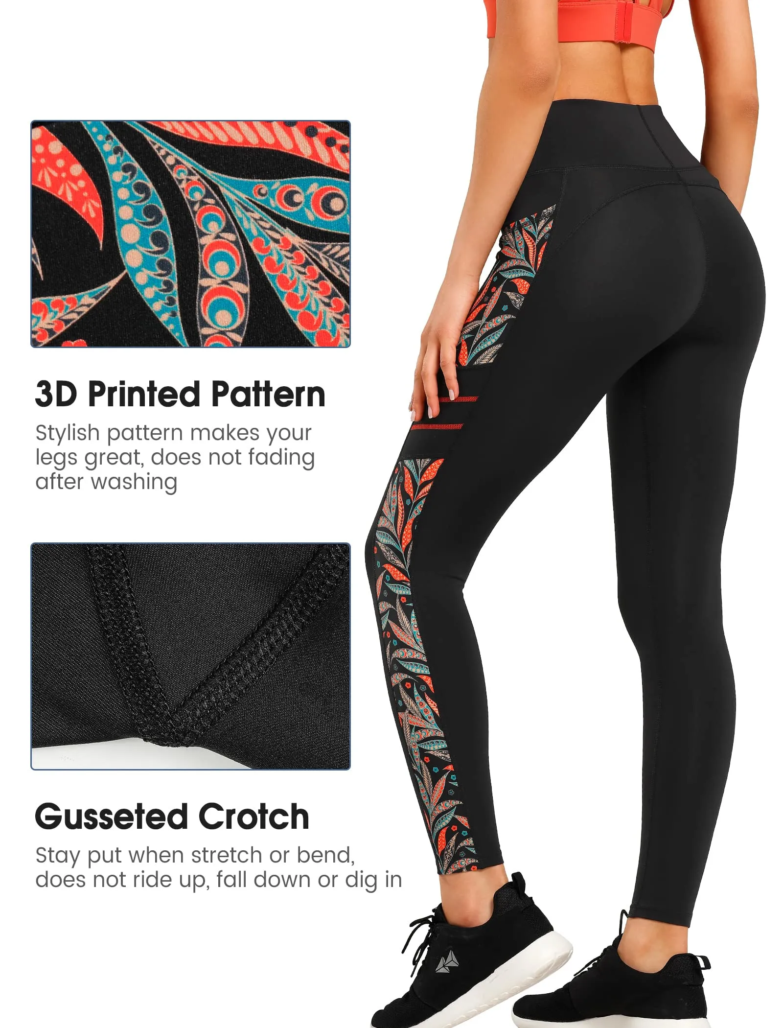 Yvette Printed Workout Leggings for Women High Waisted Yoga Pants with 2 Pockets Non See-Through Tummy Control, Orange Printed