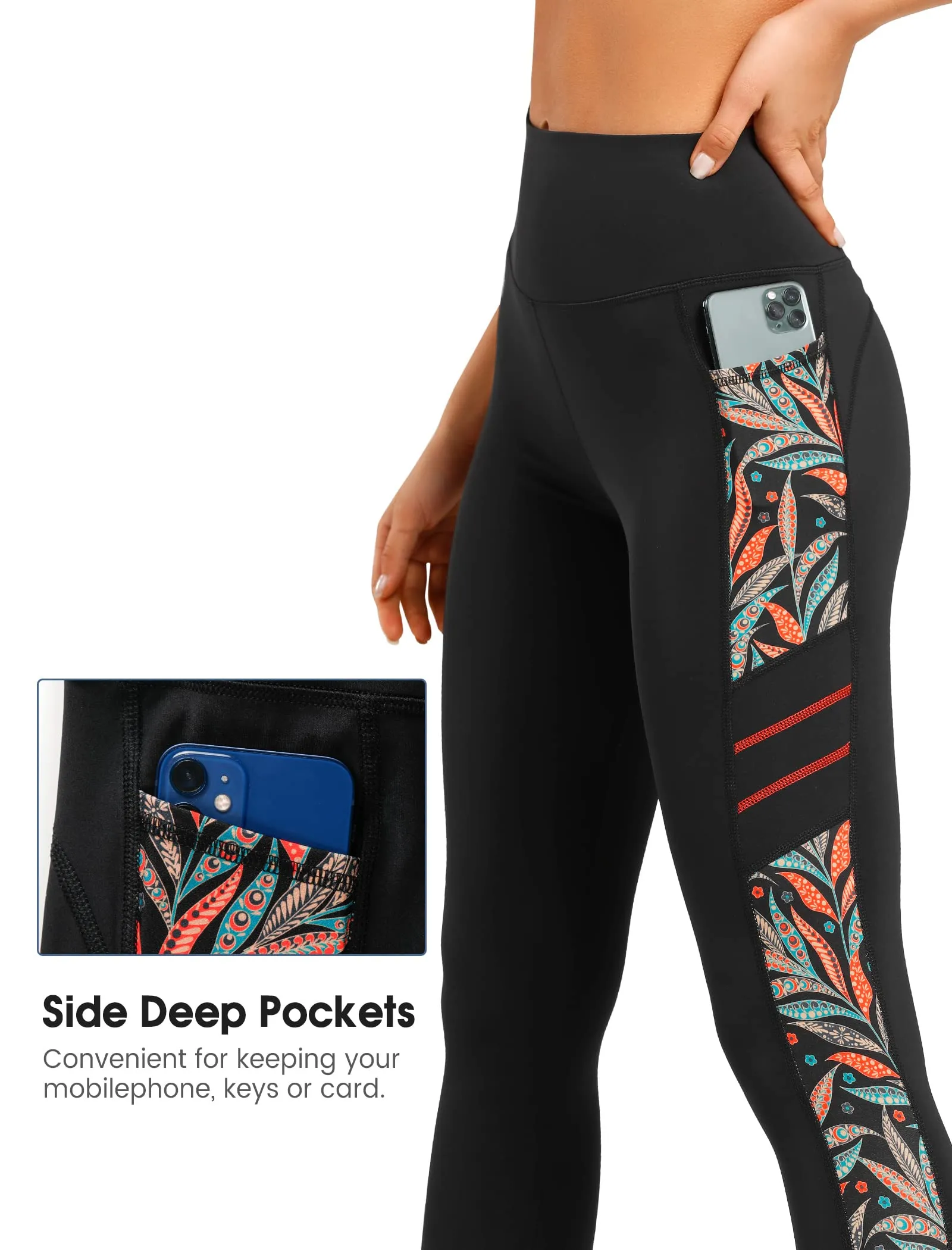 Yvette Printed Workout Leggings for Women High Waisted Yoga Pants with 2 Pockets Non See-Through Tummy Control, Orange Printed