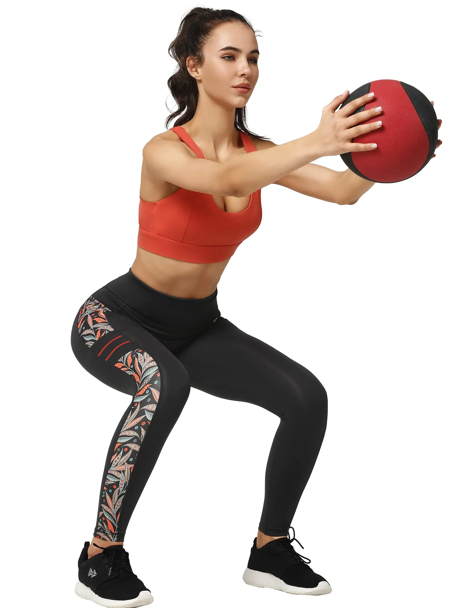 Yvette Printed Workout Leggings for Women High Waisted Yoga Pants with 2 Pockets Non See-Through Tummy Control, Orange Printed