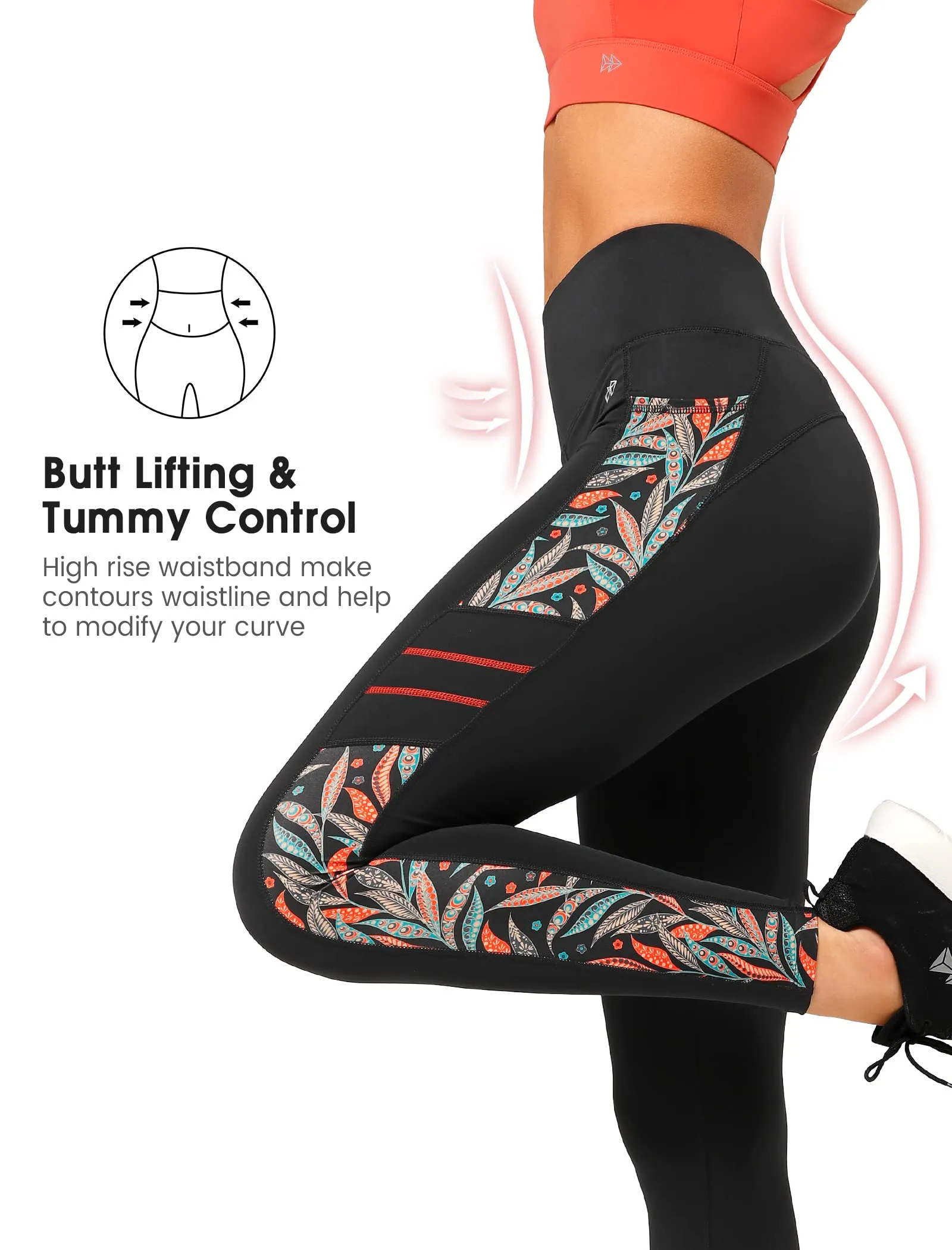 Yvette Printed Workout Leggings for Women High Waisted Yoga Pants with 2 Pockets Non See-Through Tummy Control, Orange Printed